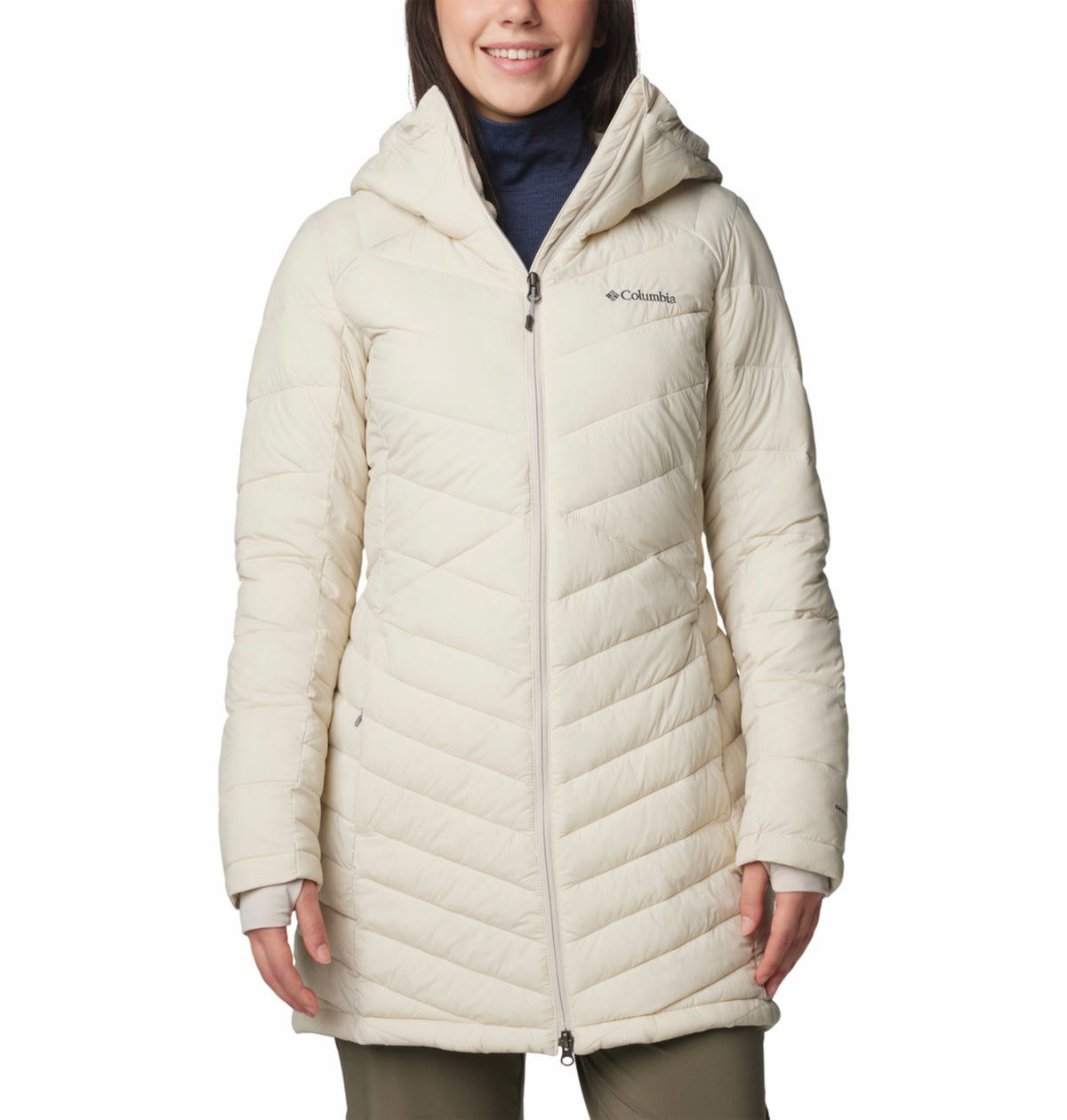 Columbia Women Beige Omni-Heat Inifnity Joy Peak II Mid Hooded Down Jacket