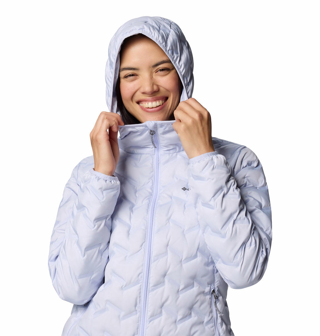 A Women Wearing Columbia Women Purple Delta Ridge II Down Hooded Jacket