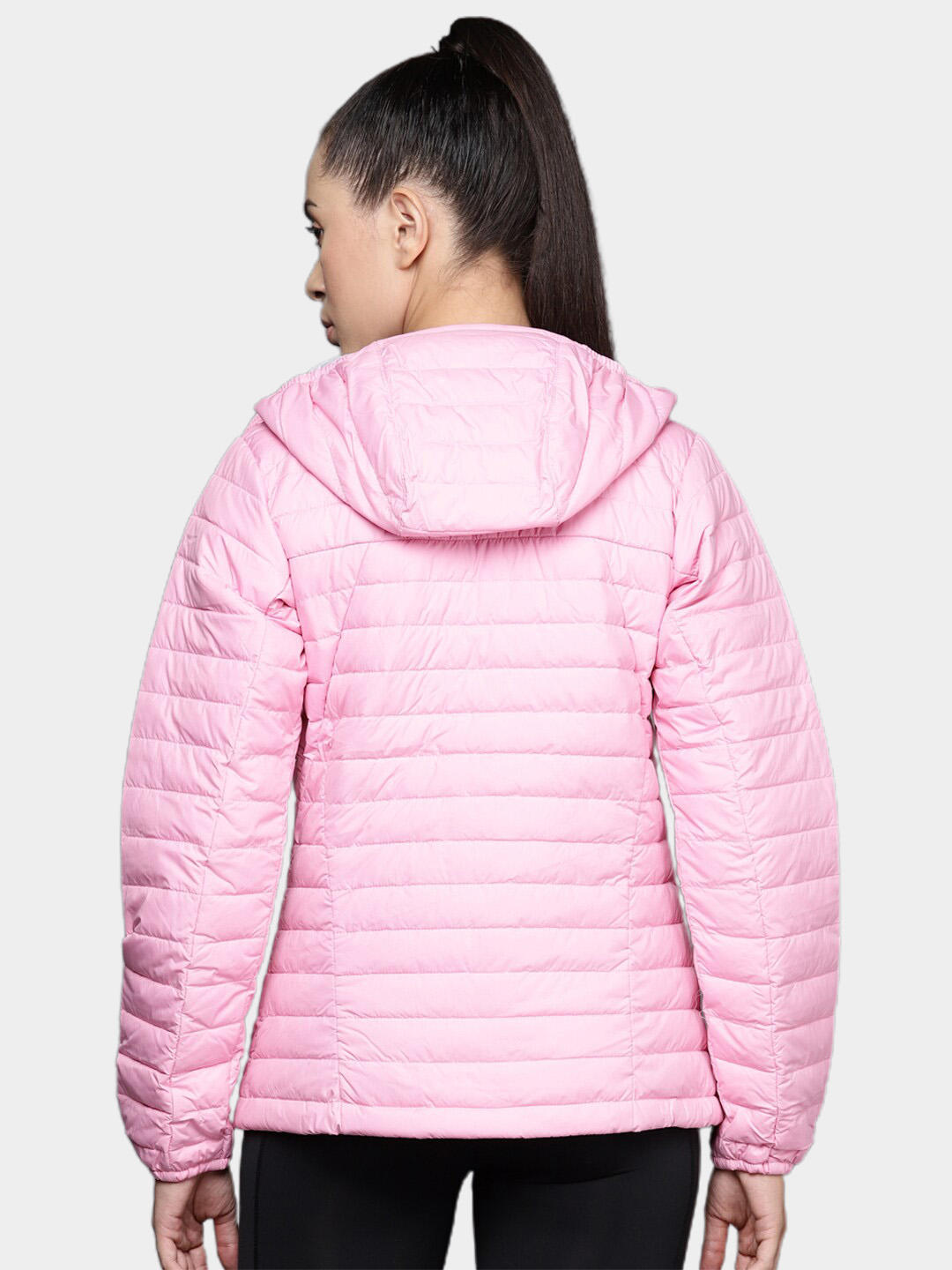 A Women Wearing Columbia Women Pink Silver Falls Hooded Jacket