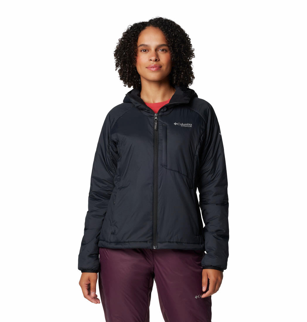 A Women Wearing Columbia Women Black Silver Leaf II Stretch Insulated Jacket