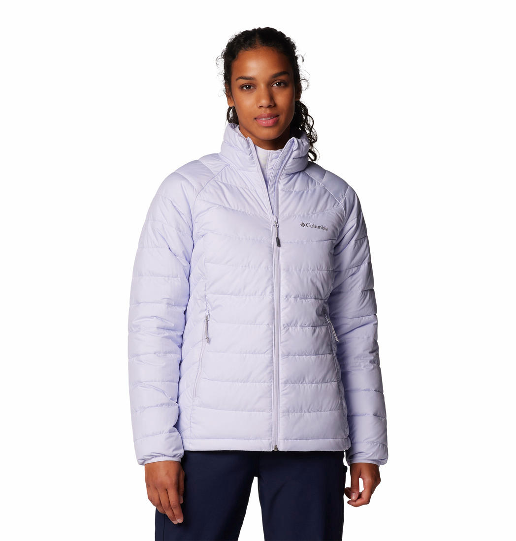A Women Wearing Columbia Women Purple Powder Lite II Full Zip Jacket