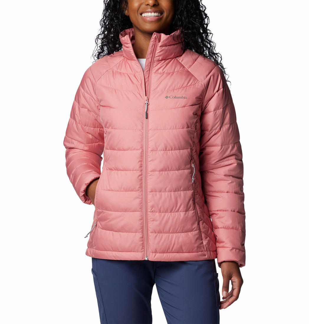A Women Wearing Columbia Women Pink Powder Lite II Full Zip Jacket