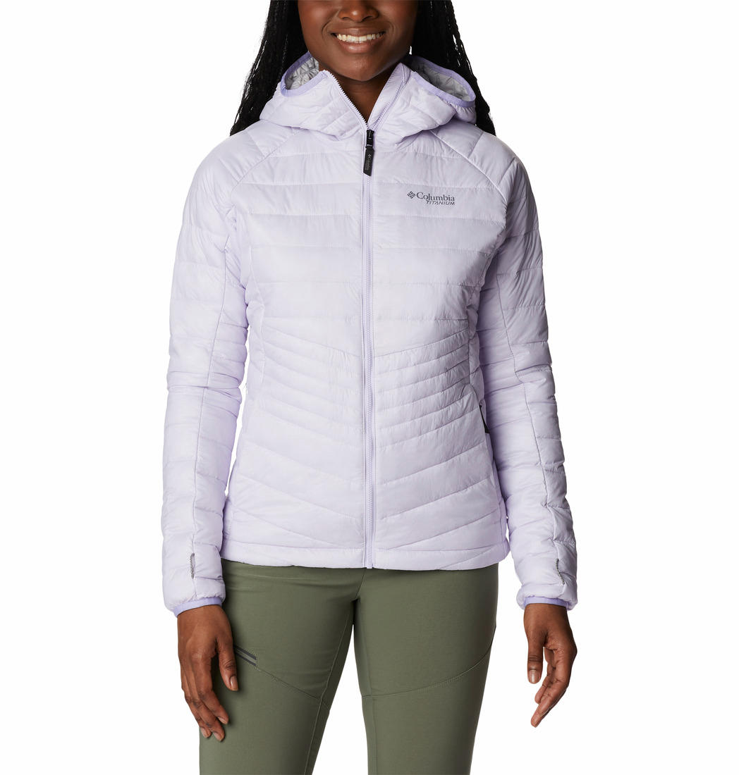 A Women Wearing Columbia Women Purple Platinum Peak Hooded Jacket