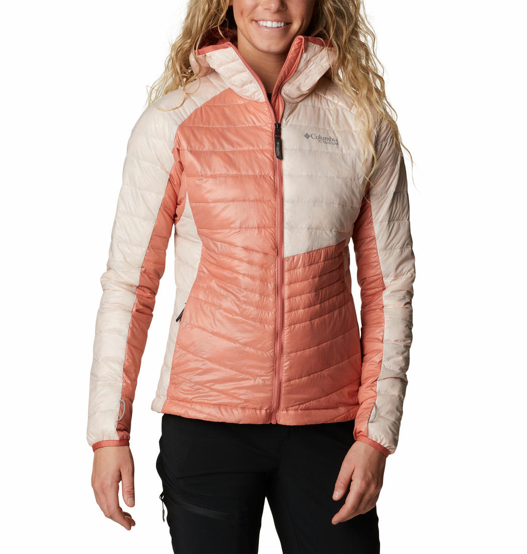 A Women Wearing Columbia Women Red Platinum Peak Hooded Jacket