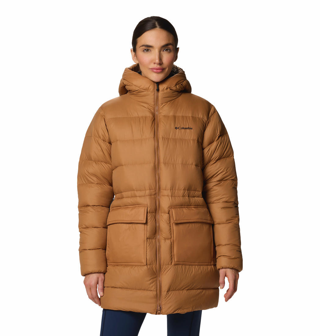 A Women Wearing Columbia Women Brown Harmony Falls Mid Down Jacket