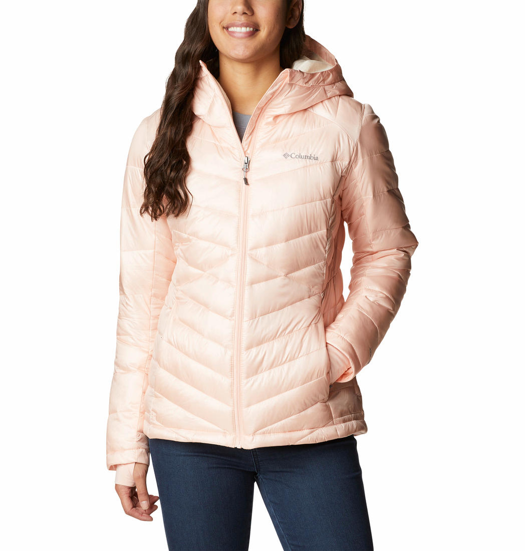 A Women Wearing Columbia Women Peach Joy Peak Hooded Jacket