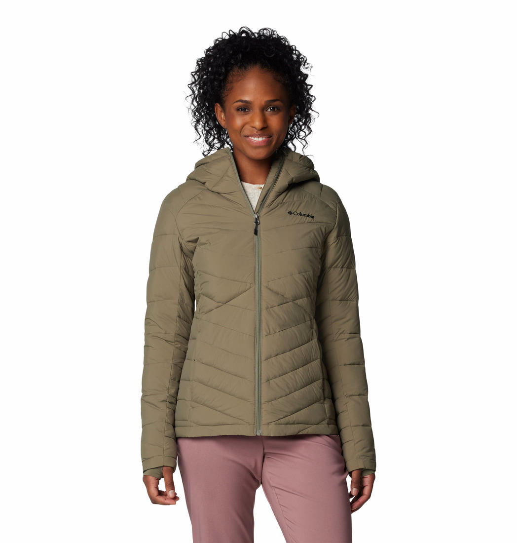 A Women Wearing Columbia Women Green Joy Peak II Hooded Jacket
