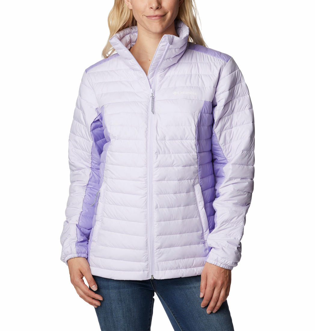 A Women Wearing Columbia Women Purple Silver Falls Full Zip Jacket