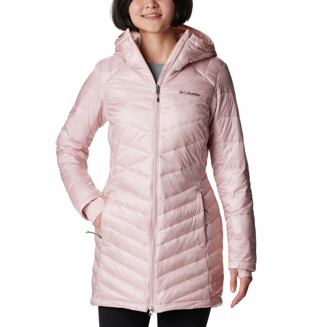 A Women Wearing Columbia Women Pink Joy Peak Mid Jacket