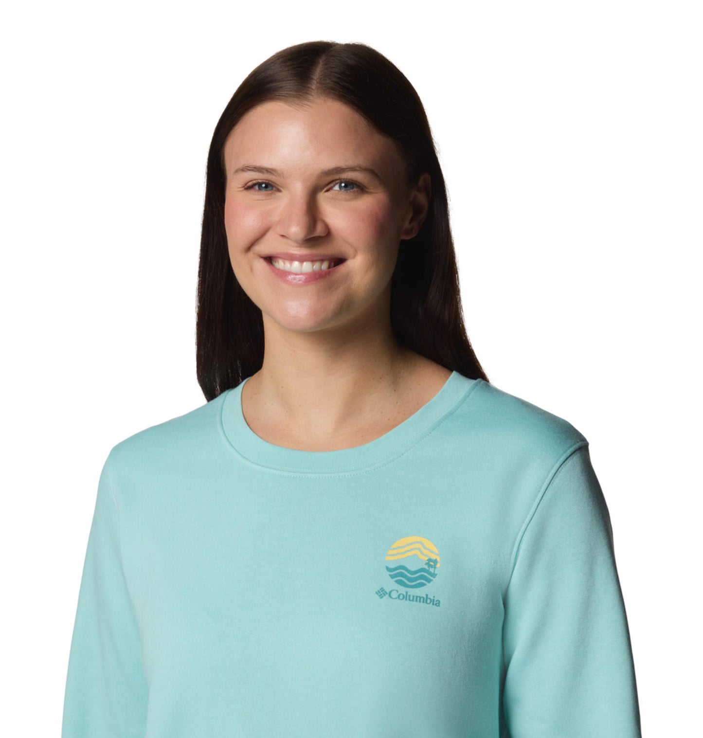 A Women Wearing Columbia Women Blue Beaumount Graphic Crew