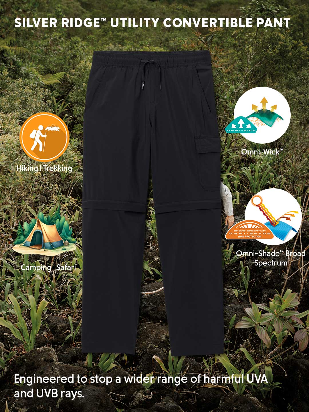 Columbia Kids Boys Black Omni-Shade Silver Ridge Convertible Utility Pants