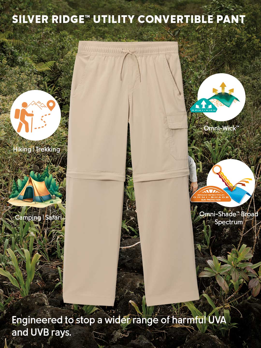 Columbia Kids Boys Beige Omni-Shade Silver Ridge Utility Convertible Pant