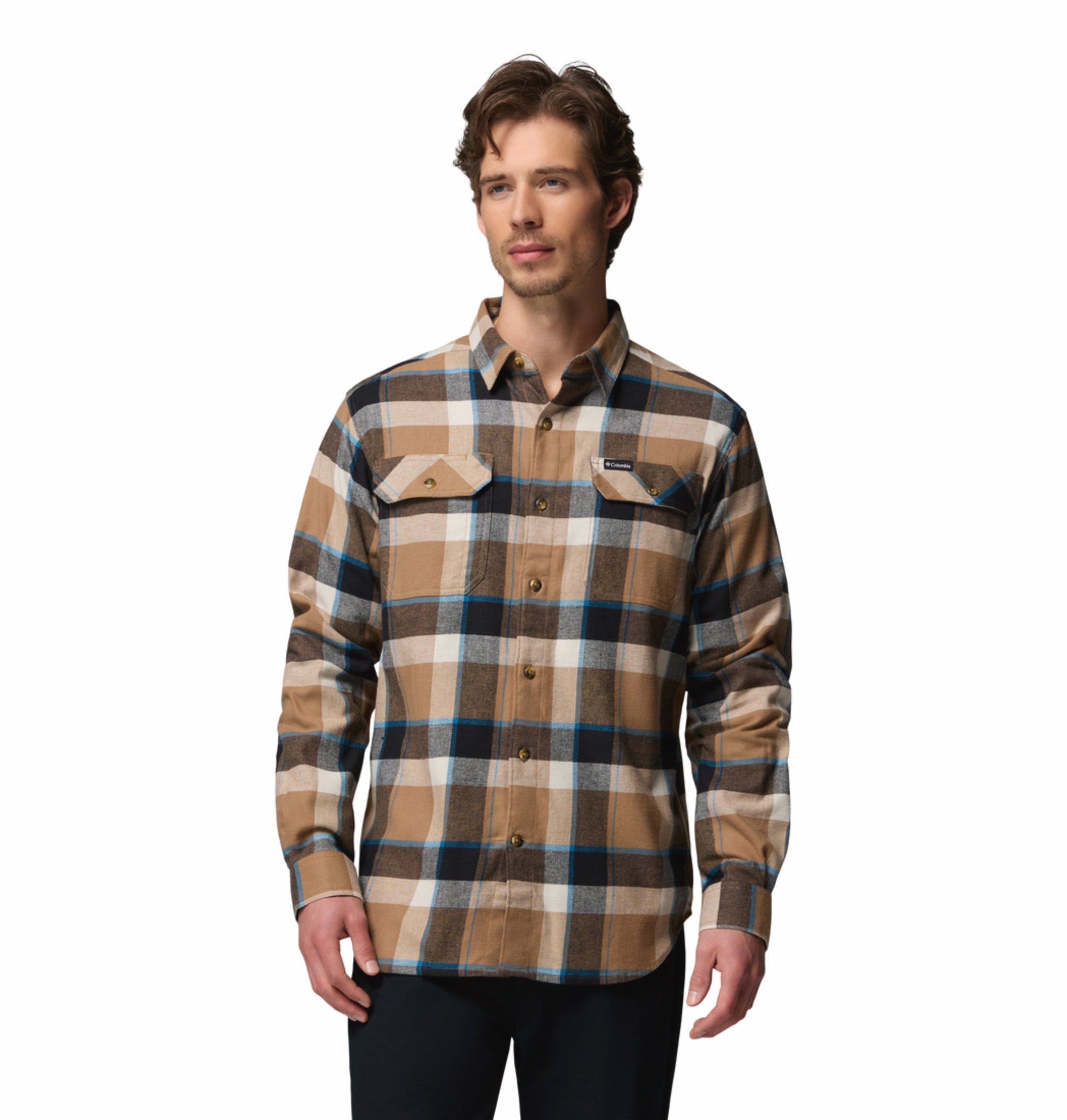 men brown omni wick flare gun stretch flannel long sleeve shirt