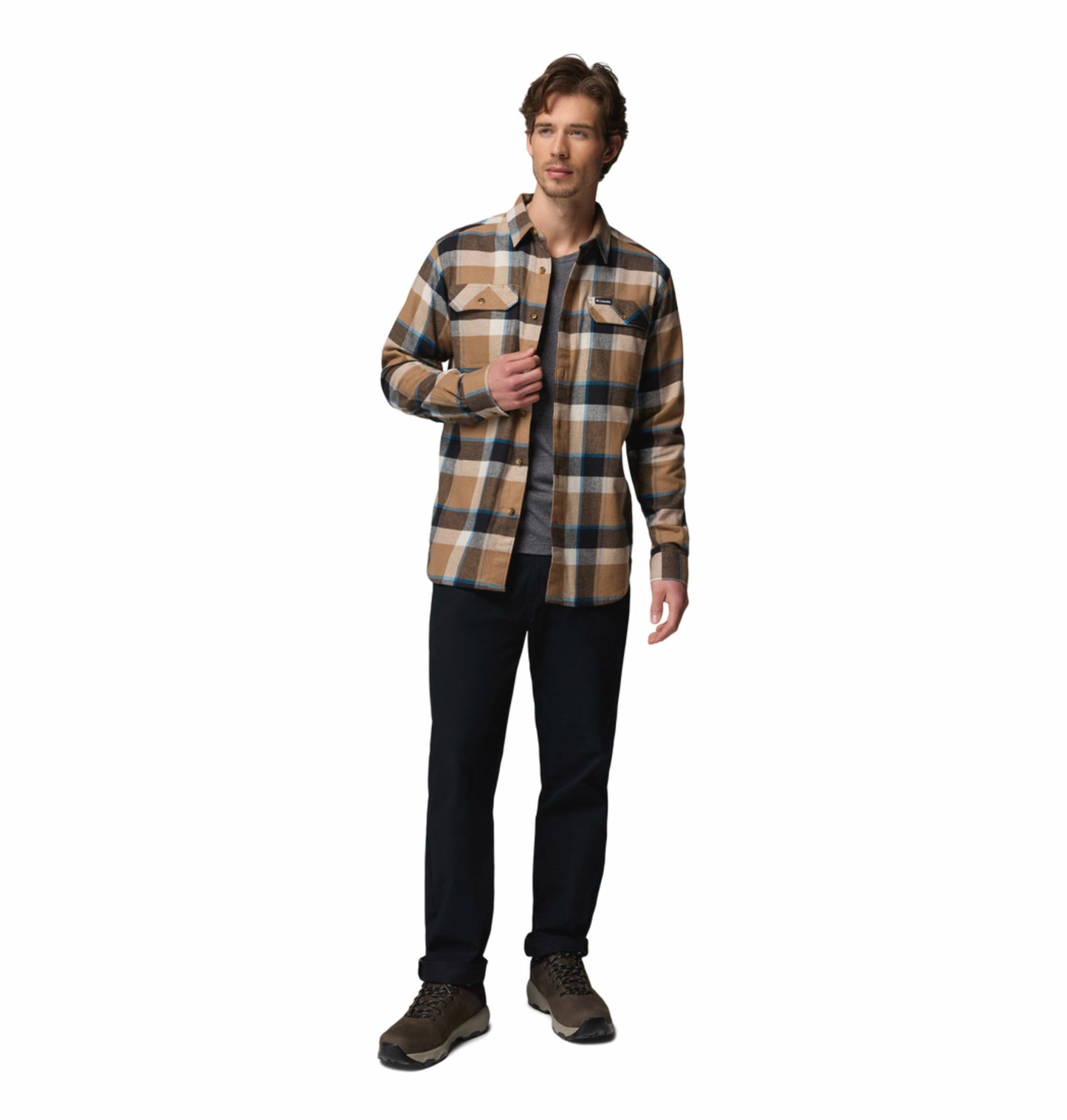 men brown omni wick flare gun stretch flannel long sleeve shirt