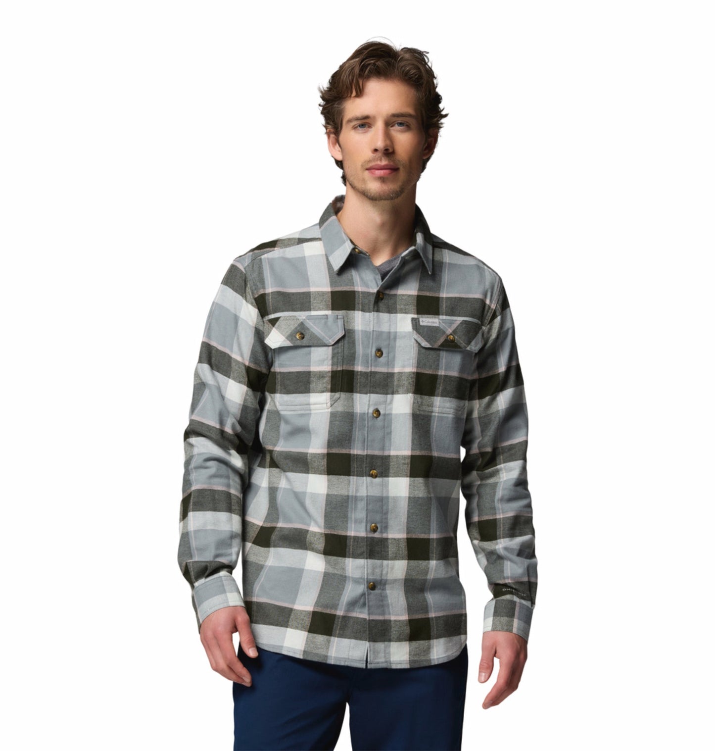 men green omni wick flare gun stretch flannel long sleeve shirt