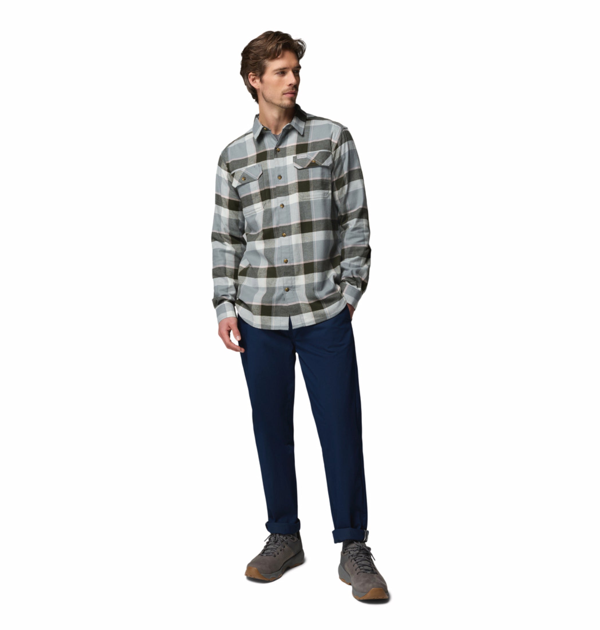 men green omni wick flare gun stretch flannel long sleeve shirt