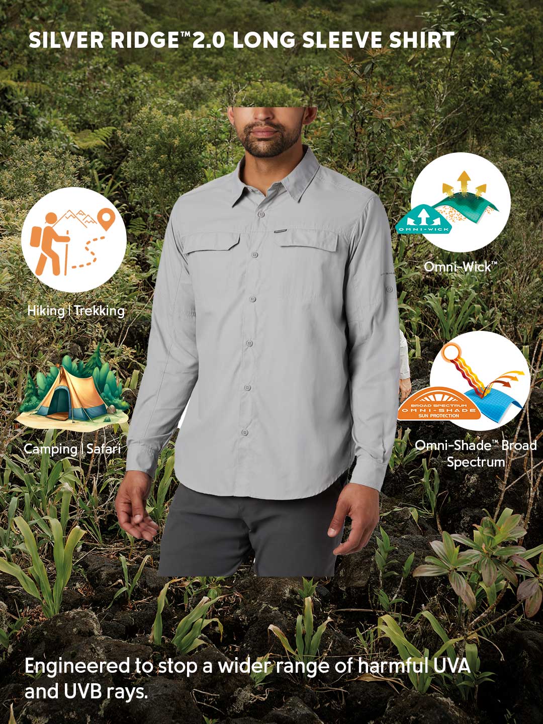 Columbia Men Grey Omni-Shade Silver Ridge 2.0 Long Sleeve Sun Protection Shirt