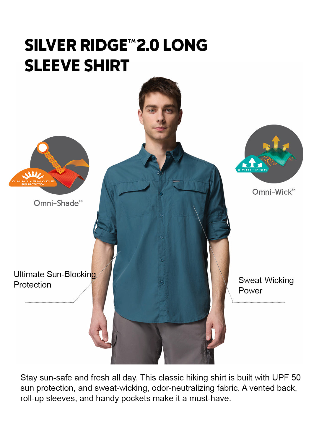 Columbia Men Teal OmniShade UPF 50 Silver Ridge 2.0 Long Sleeve Shirt