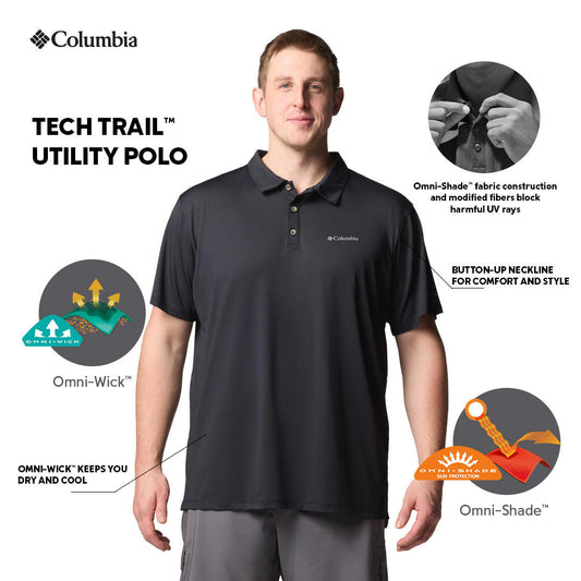 Columbia Mens Black Omni-Shade Tech Trail Utility Polo Tshirt