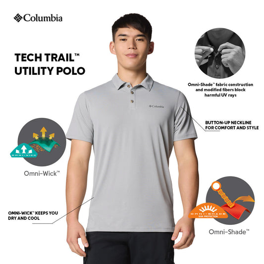 Columbia Mens Grey Omni-Shade Tech Trail Utility Polo Tshirt