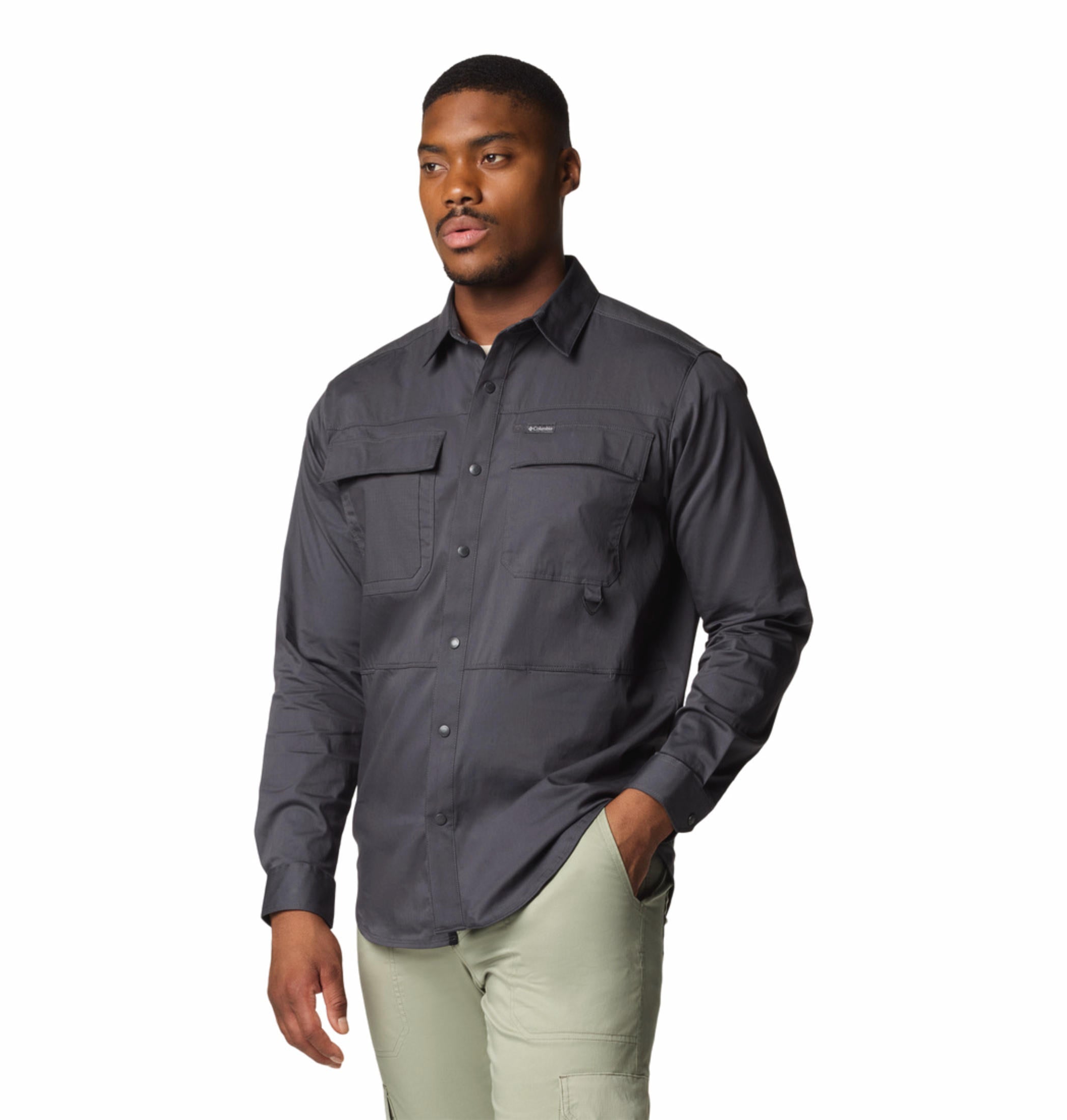 A Men Wearing Columbia Men Black Landroamer Twill LS Shirt