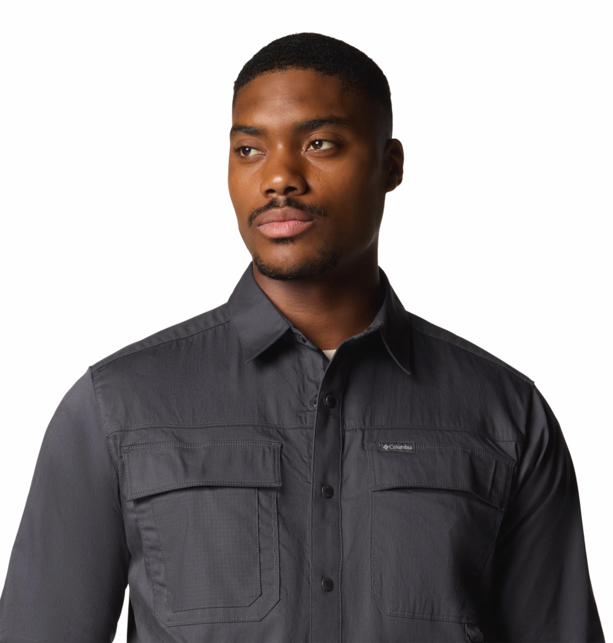 A Men Wearing Columbia Men Black Landroamer Twill LS Shirt