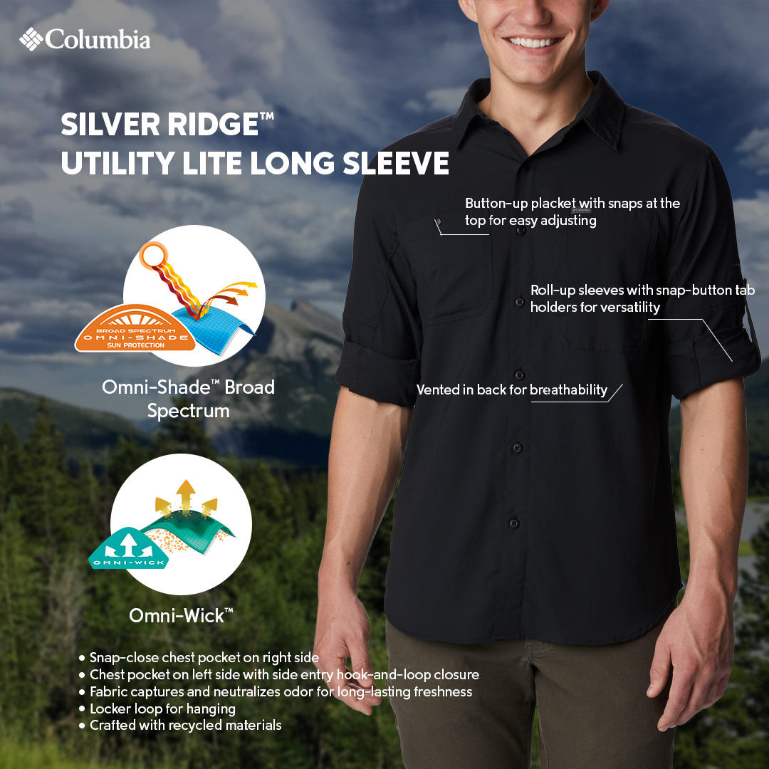 Columbia Mens Black Omni-Shade Broad Spectrum Silver Ridge Utility Lite Long Sleeve Shirt