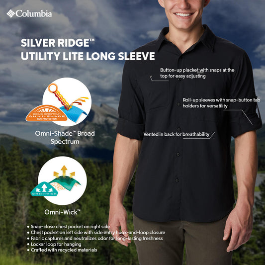 Columbia Mens Black Omni-Shade Broad Spectrum Silver Ridge Utility Lite Long Sleeve Shirt