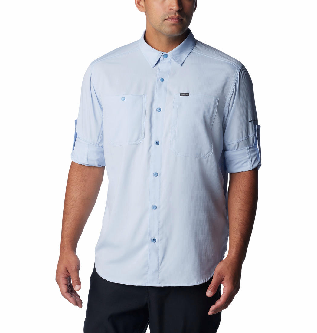 A Men Wearing Columbia Men Navy Blue Silver Ridge Utility Lite Long Sleeve (Sun Protection)
