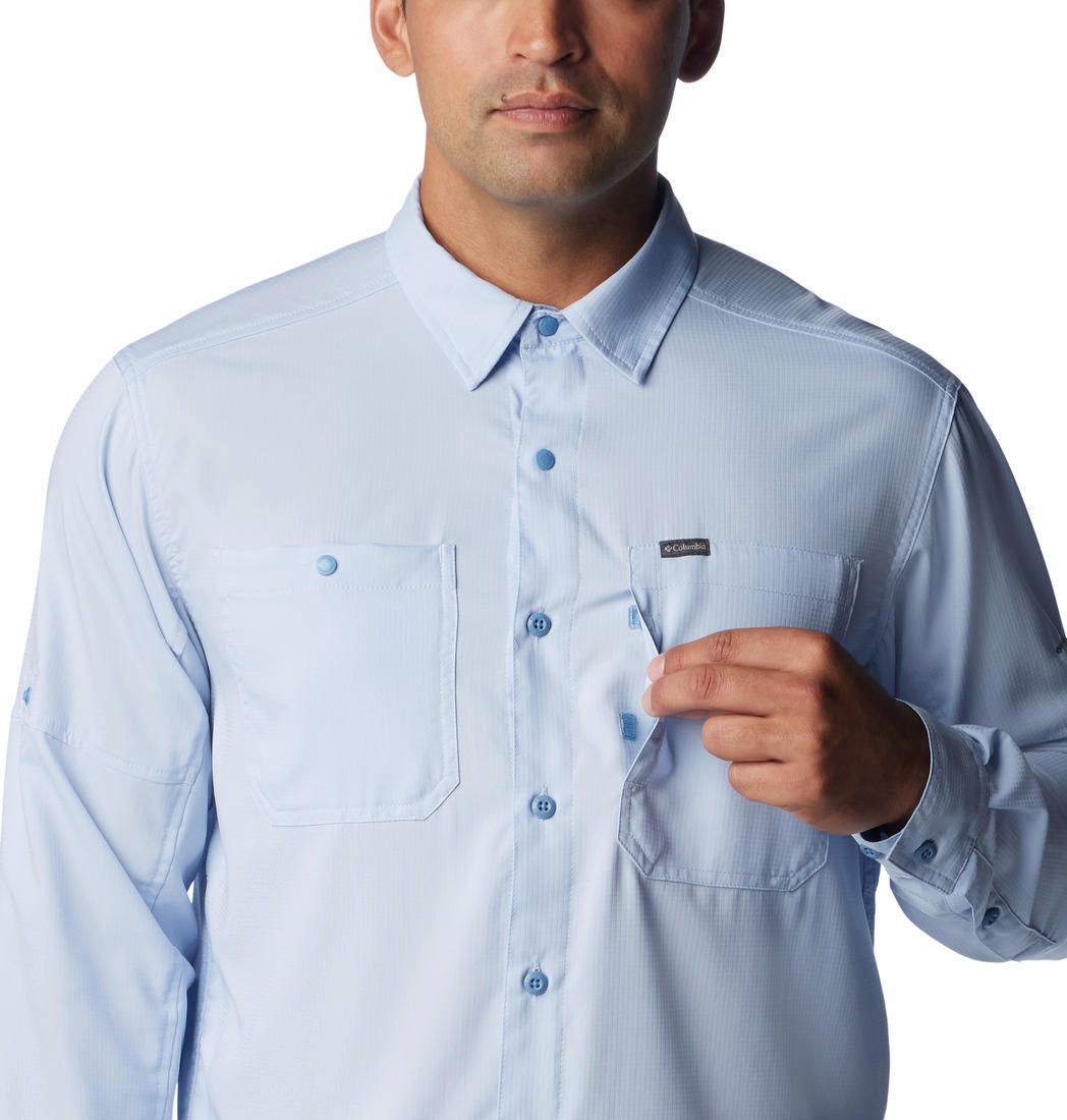 A Men Wearing Columbia Men Navy Blue Silver Ridge Utility Lite Long Sleeve (Sun Protection)
