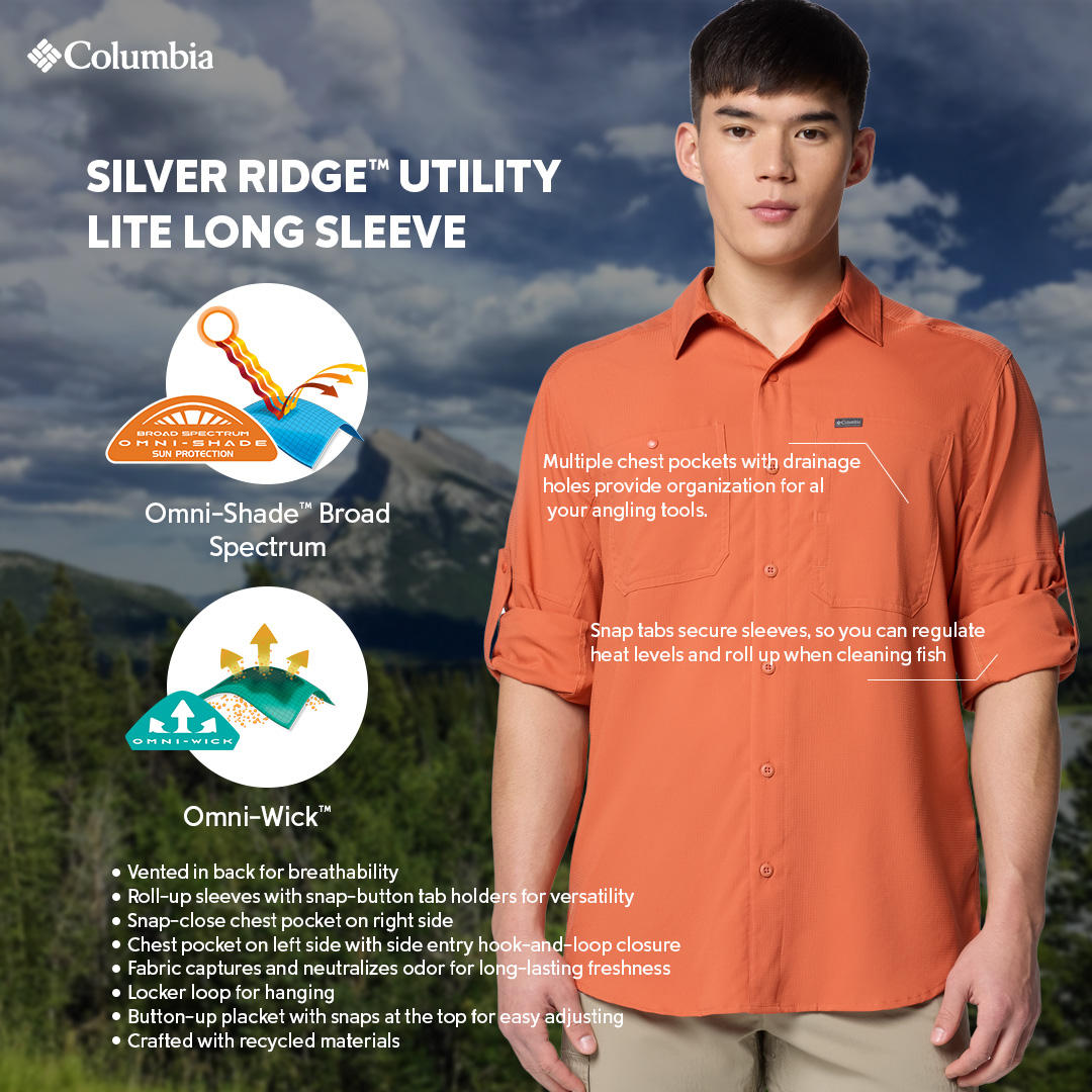 A Men Wearing Columbia Men Red Silver Ridge Utility Lite Long Sleeve (Sun Protection)