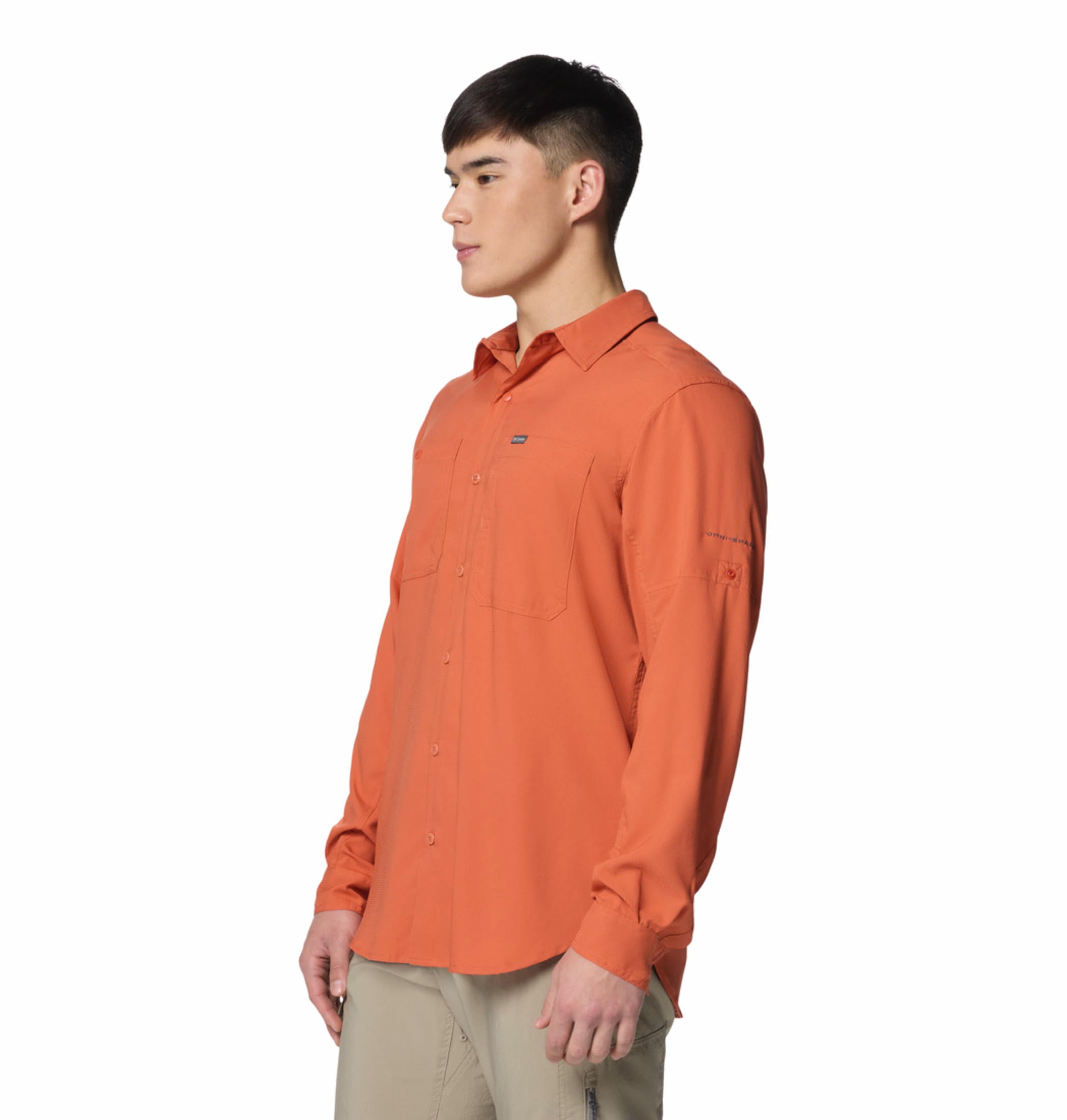 A Men Wearing Columbia Men Red Silver Ridge Utility Lite Long Sleeve (Sun Protection)
