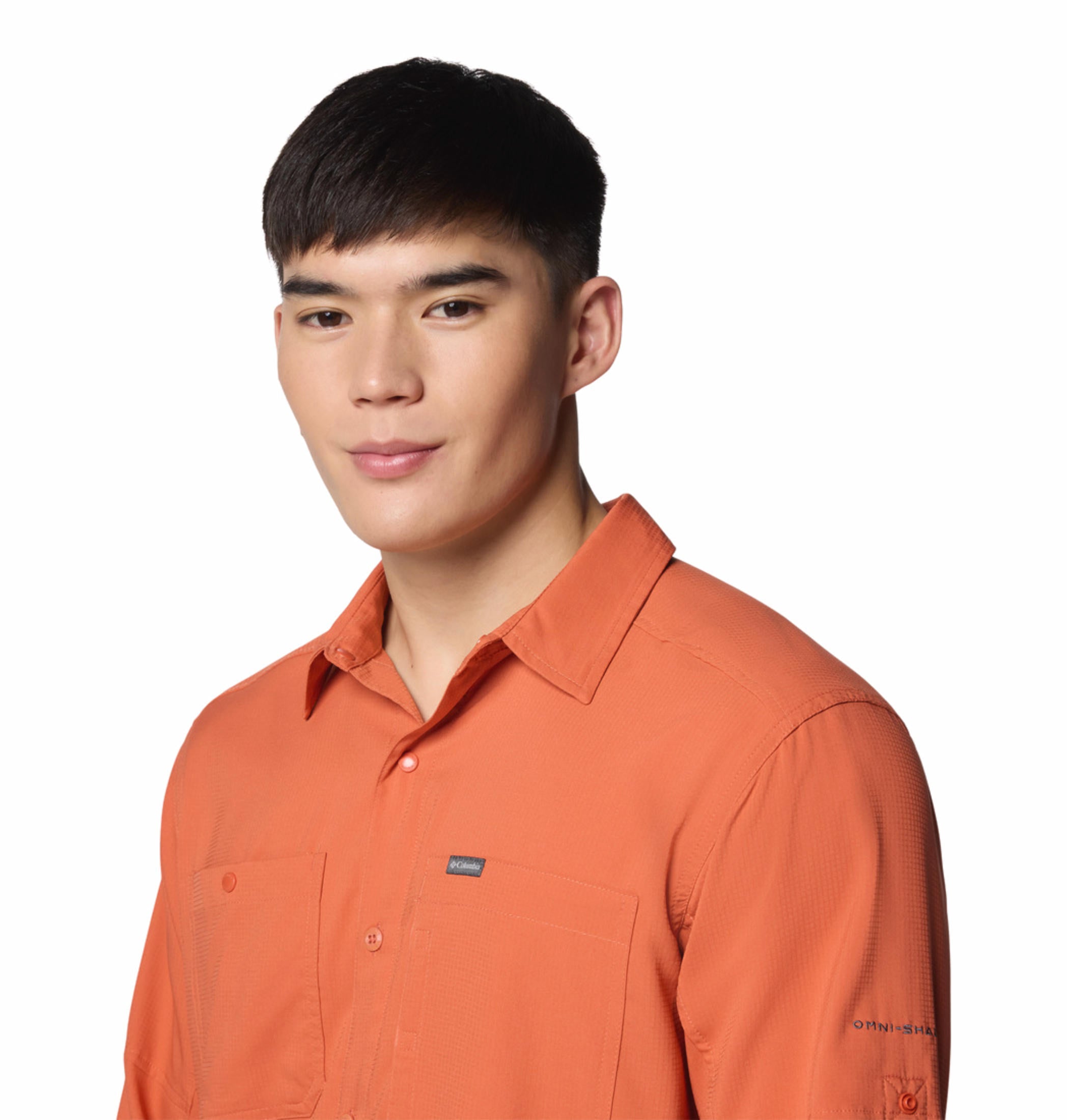 A Men Wearing Columbia Men Red Silver Ridge Utility Lite Long Sleeve (Sun Protection)