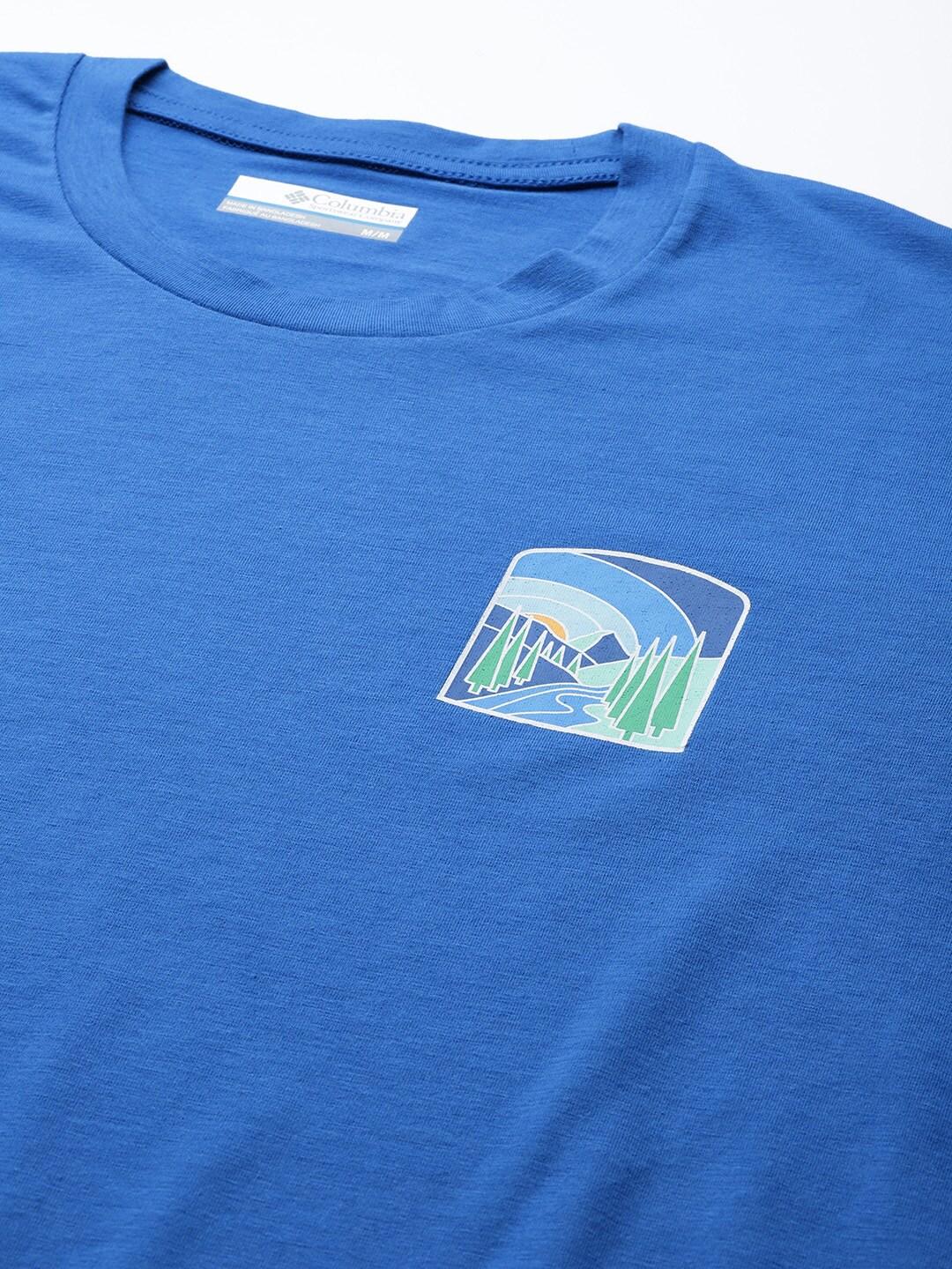 A Men Wearing Columbia Men Blue Sun Trek Graphic Long Sleeve Shirt (Sun Protection)