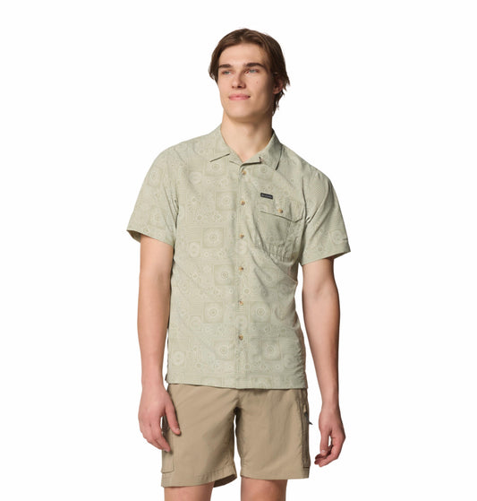Columbia Mens Green Omni-Shade Broad Spectrum Tech Trail Utility Printed Woven Short Sleeve Shirt