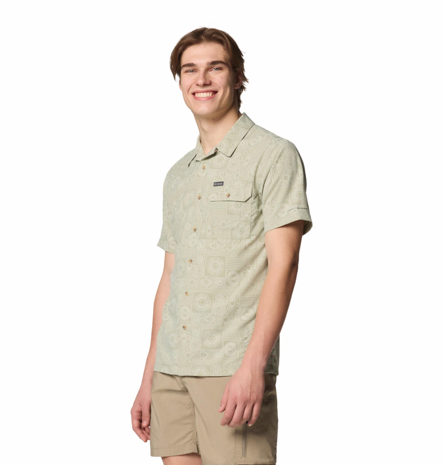 Columbia Mens Green Omni-Shade Broad Spectrum Tech Trail Utility Printed Woven Short Sleeve Shirt