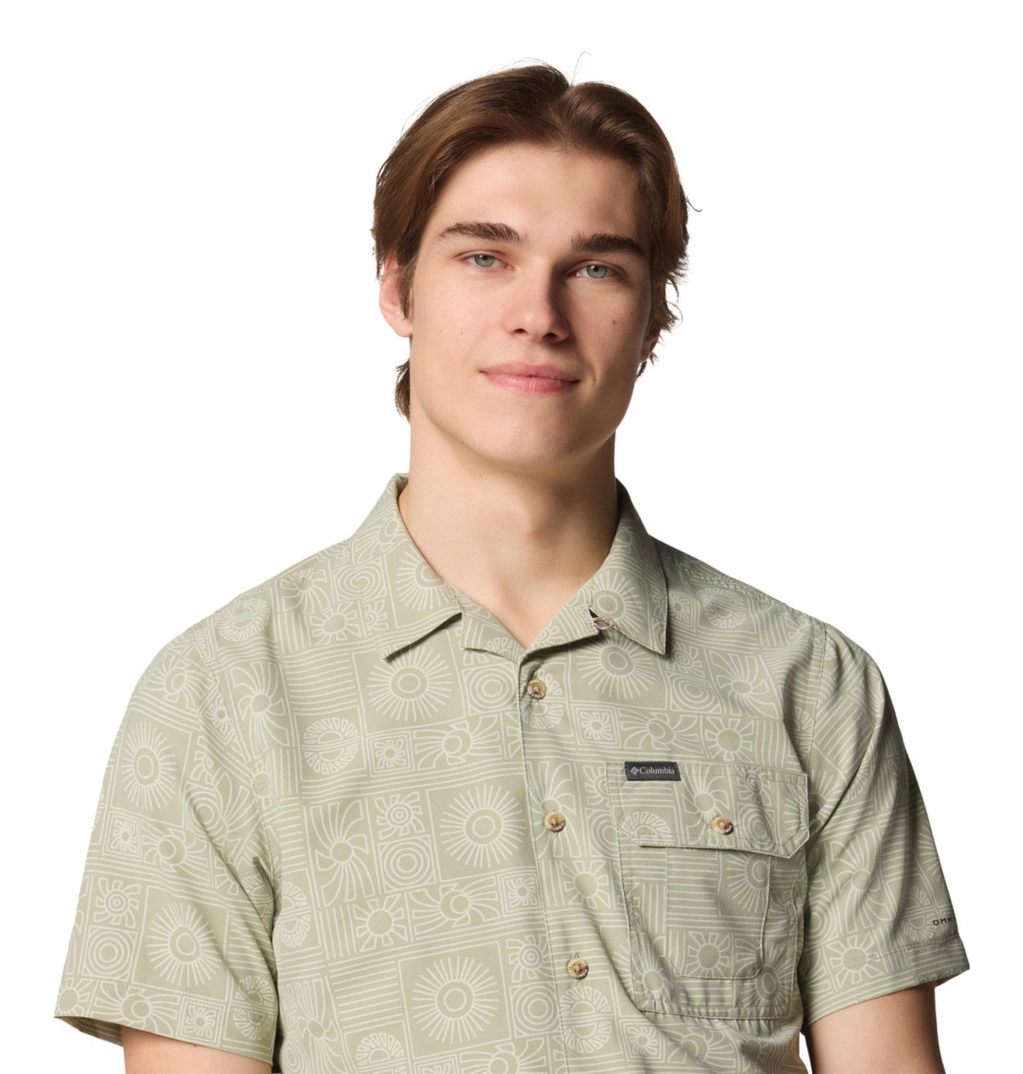Columbia Mens Green Omni-Shade Broad Spectrum Tech Trail Utility Printed Woven Short Sleeve Shirt