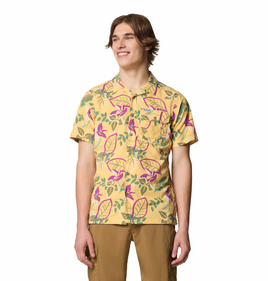 Columbia Mens Yellow Omni-Shade Broad Spectrum Tech Trail Utility Printed Woven Short Sleeve Shirt