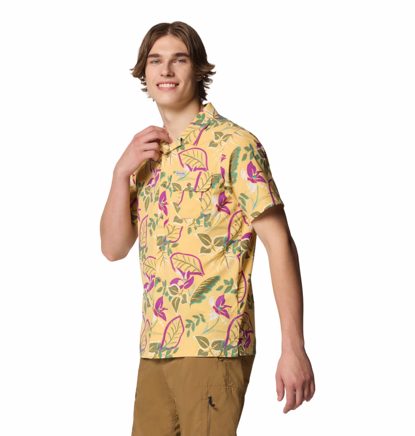 Columbia Mens Yellow Omni-Shade Broad Spectrum Tech Trail Utility Printed Woven Short Sleeve Shirt