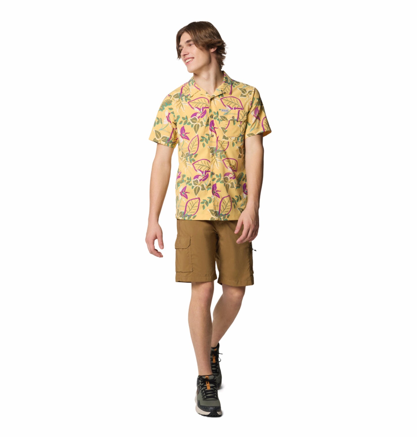 Columbia Mens Yellow Omni-Shade Broad Spectrum Tech Trail Utility Printed Woven Short Sleeve Shirt