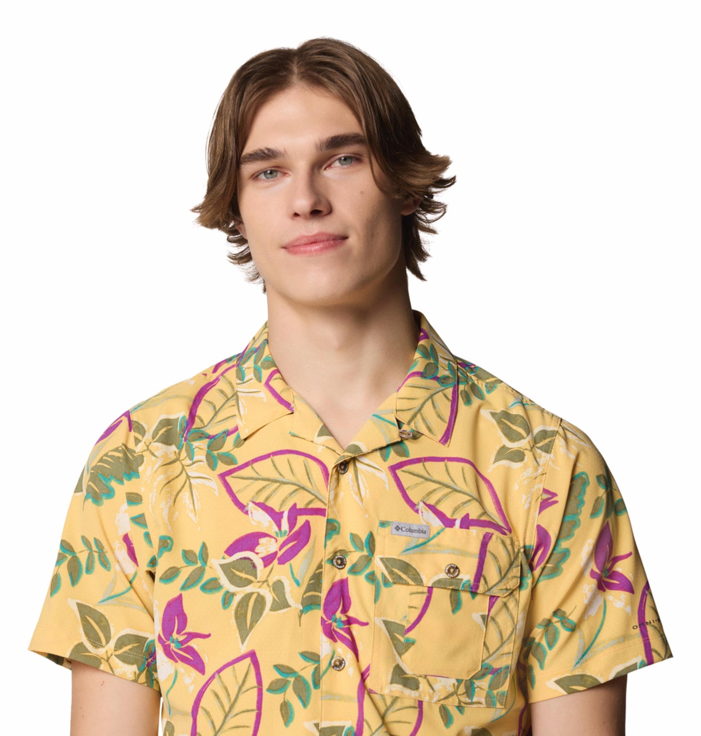 Columbia Mens Yellow Omni-Shade Broad Spectrum Tech Trail Utility Printed Woven Short Sleeve Shirt