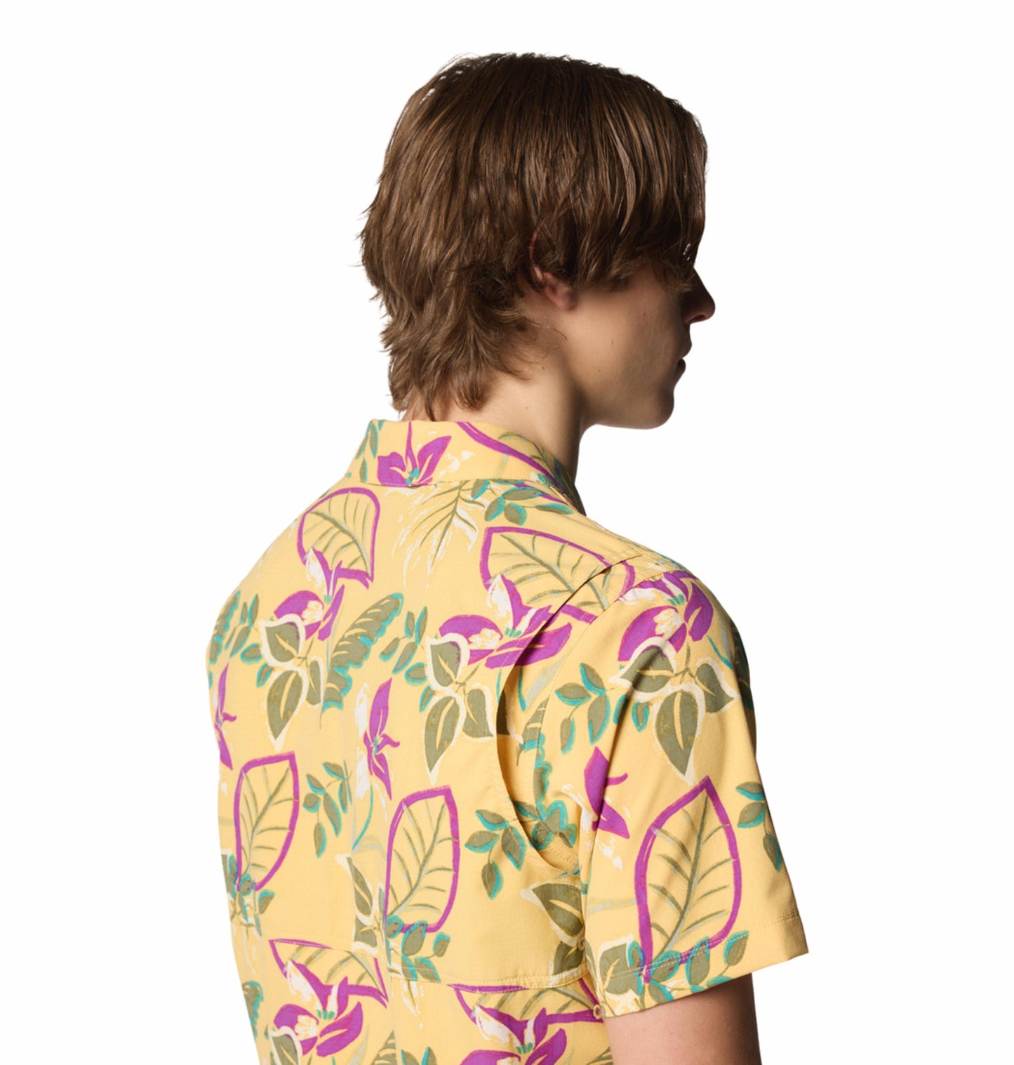 Columbia Mens Yellow Omni-Shade Broad Spectrum Tech Trail Utility Printed Woven Short Sleeve Shirt