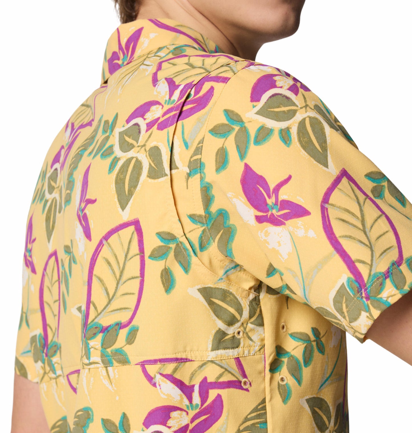 Columbia Mens Yellow Omni-Shade Broad Spectrum Tech Trail Utility Printed Woven Short Sleeve Shirt