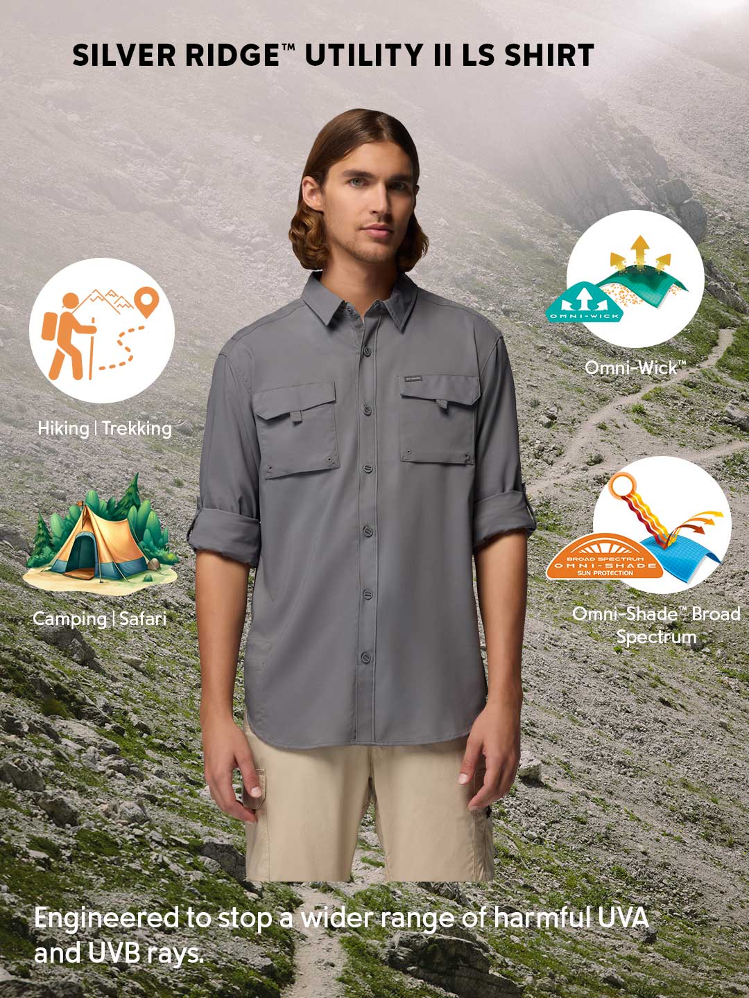 Columbia Men Grey Omni-Shade Silver Ridge Utility II Performance Shirt
