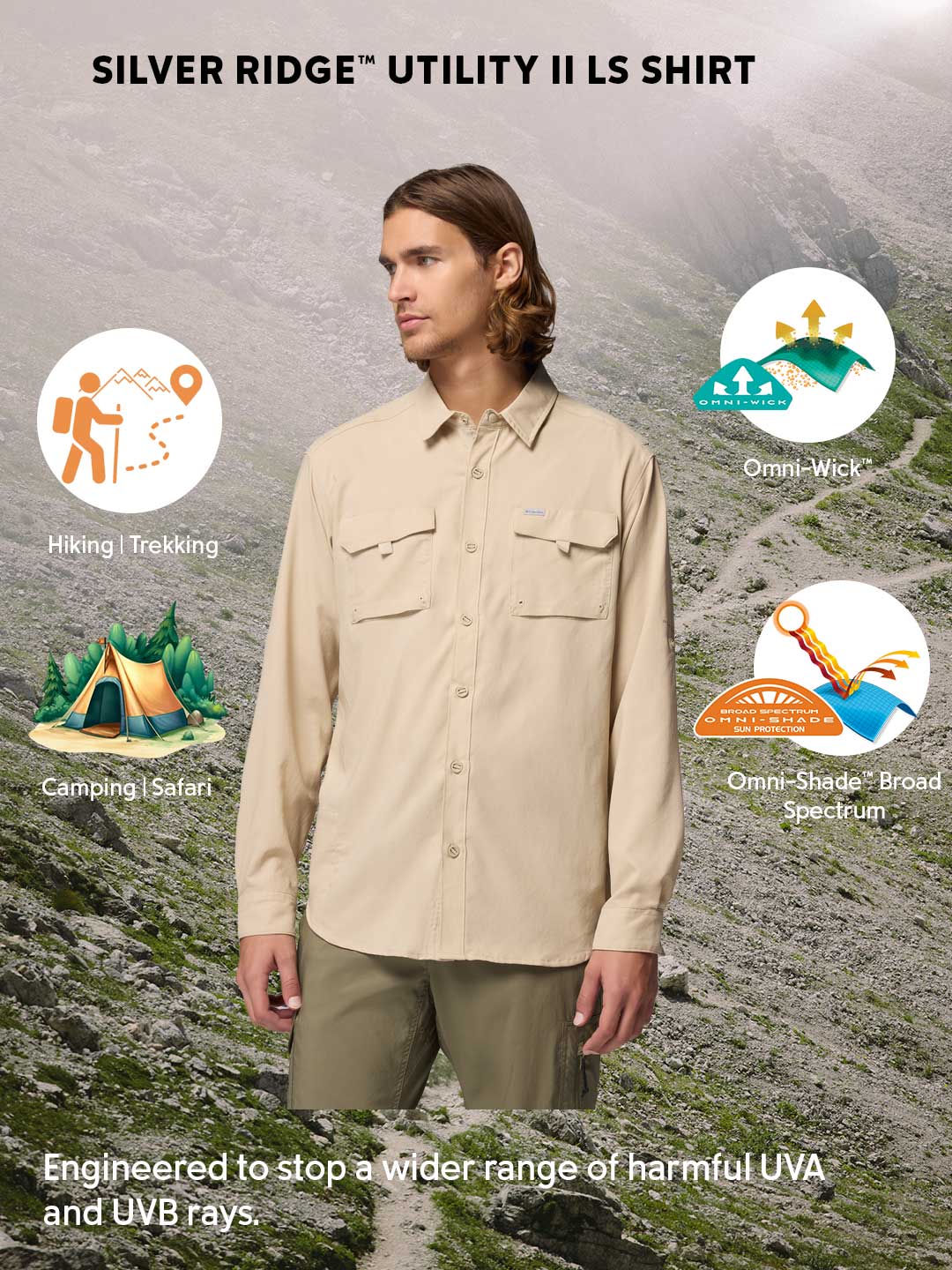 Columbia Men Beige Omni-Shade Silver Ridge Utility II Long Sleeve Shirt