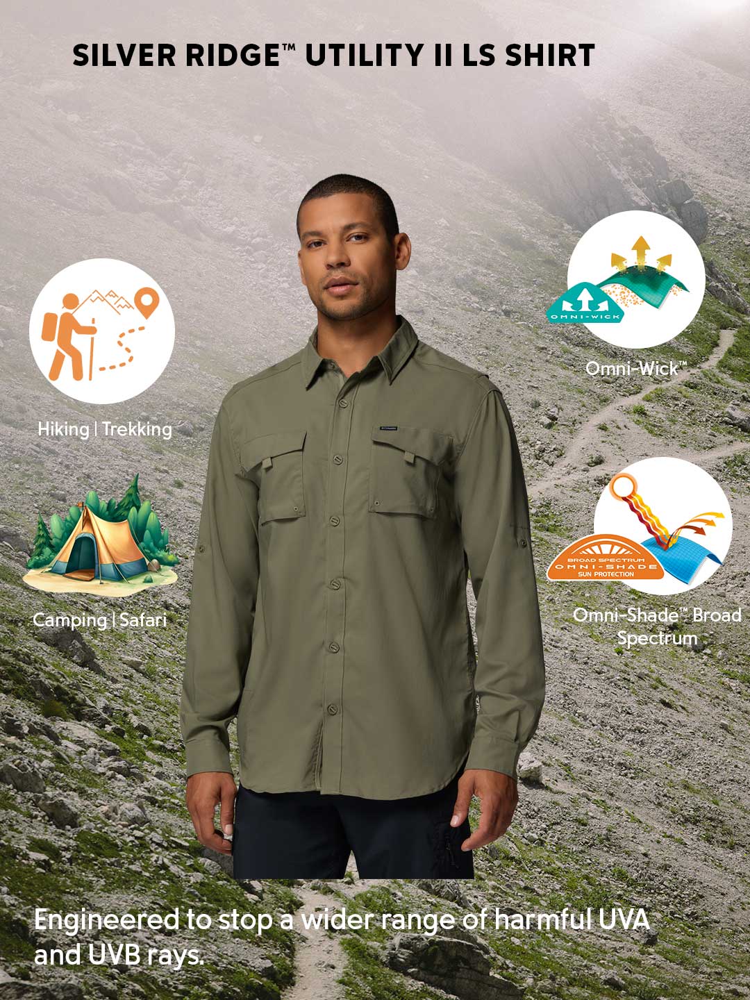 Columbia Men Olive Green Omni-Shade Silver Ridge Utility II Shirt
