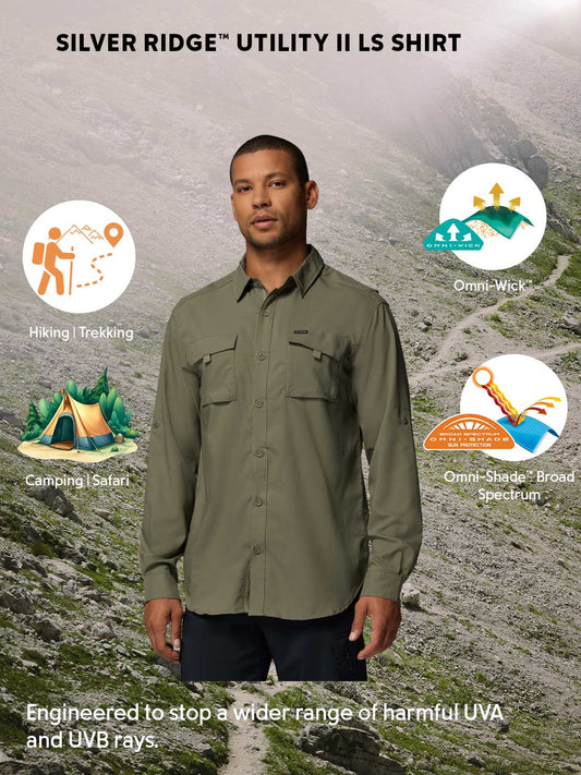 Columbia Men Olive Green Omni-Shade Silver Ridge Utility II Shirt