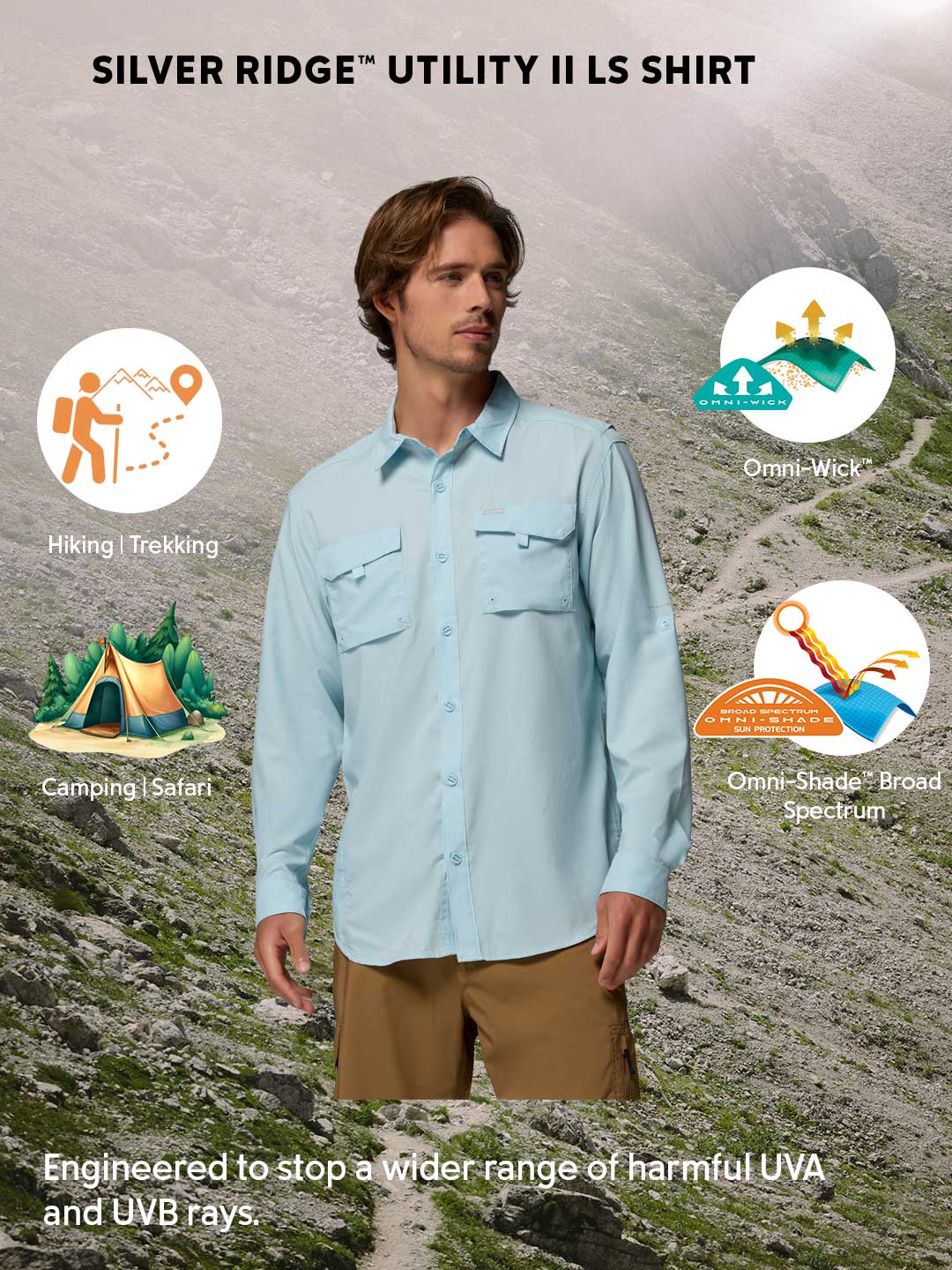Columbia Men Blue Omni-Shade Silver Ridge Utility II Durable Shirt