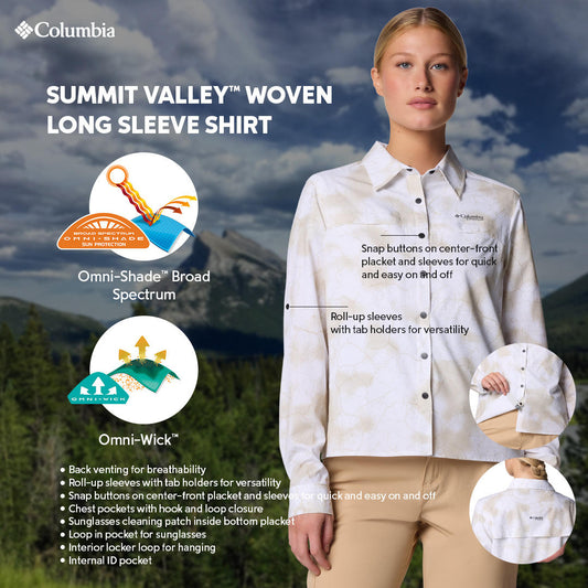 Columbia Womens White Omni-Shade Broad Spectrum Summit Valley Woven Long Sleeve Shirt