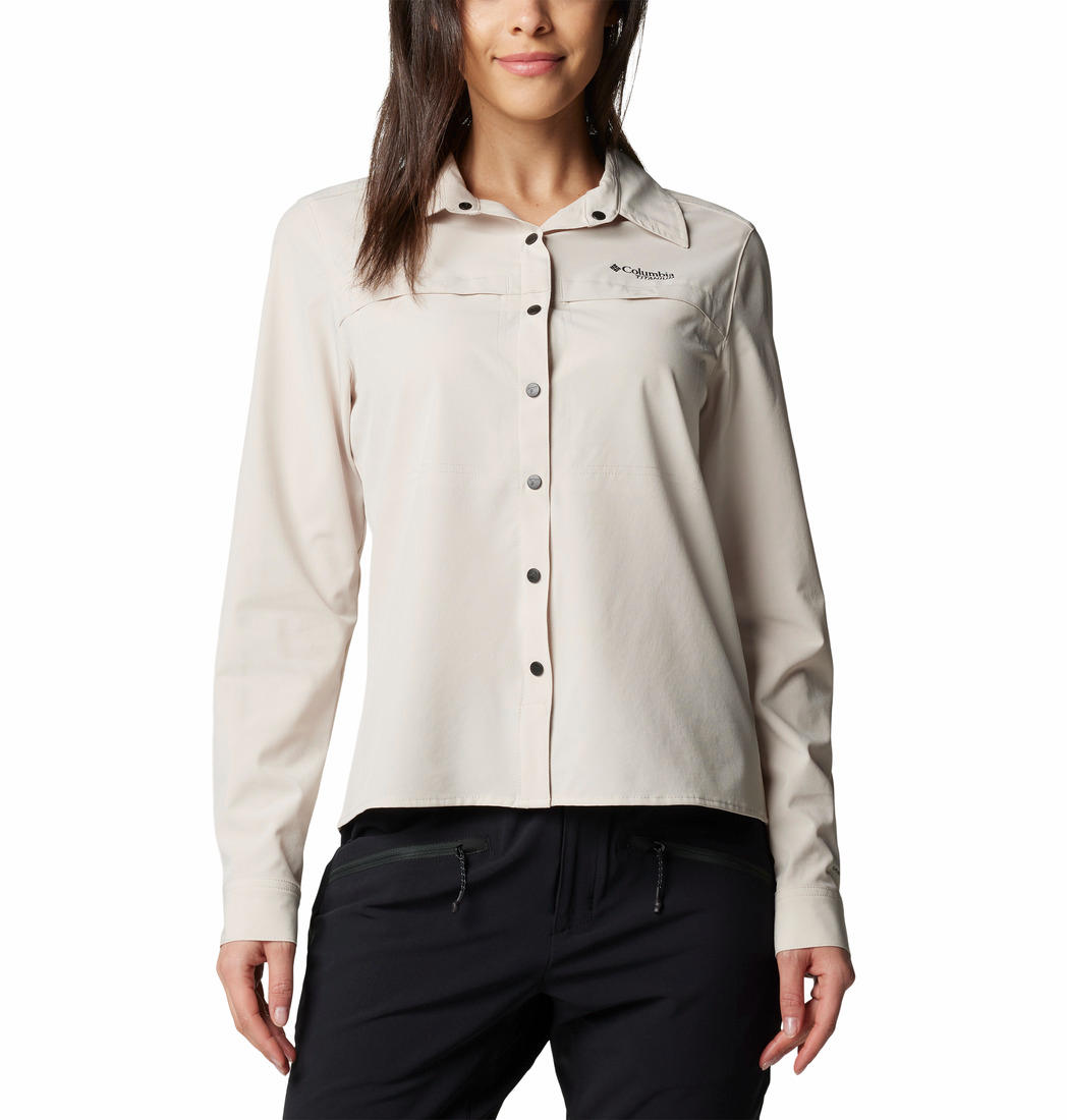A Women Wearing Columbia Women Brown Summit Valley Woven Long Sleeve Shirt (Sun Protection)